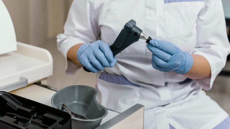Lab Instrument Servicing technician inspecting laboratory equipment